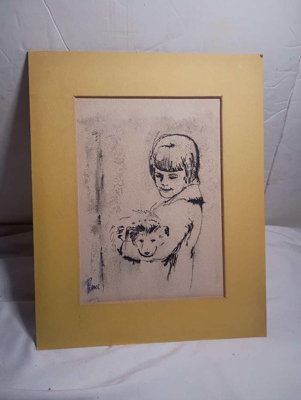Vtg MCM Signed Pierce Sketch Art 8x10 - Child Cradling Dog Animal Portrait